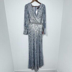 Mac Duggal Silver Sequin Long Sleeve V Neck Elegant Evening Gown Black Tie 10